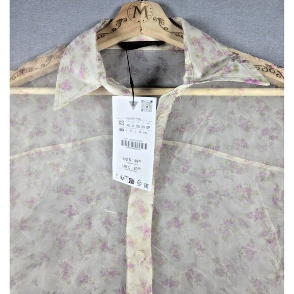 Zara XS Sheer Floral Organza Button-Up Blouse NWT Lightweight Dressy Top - Picture 6 of 16